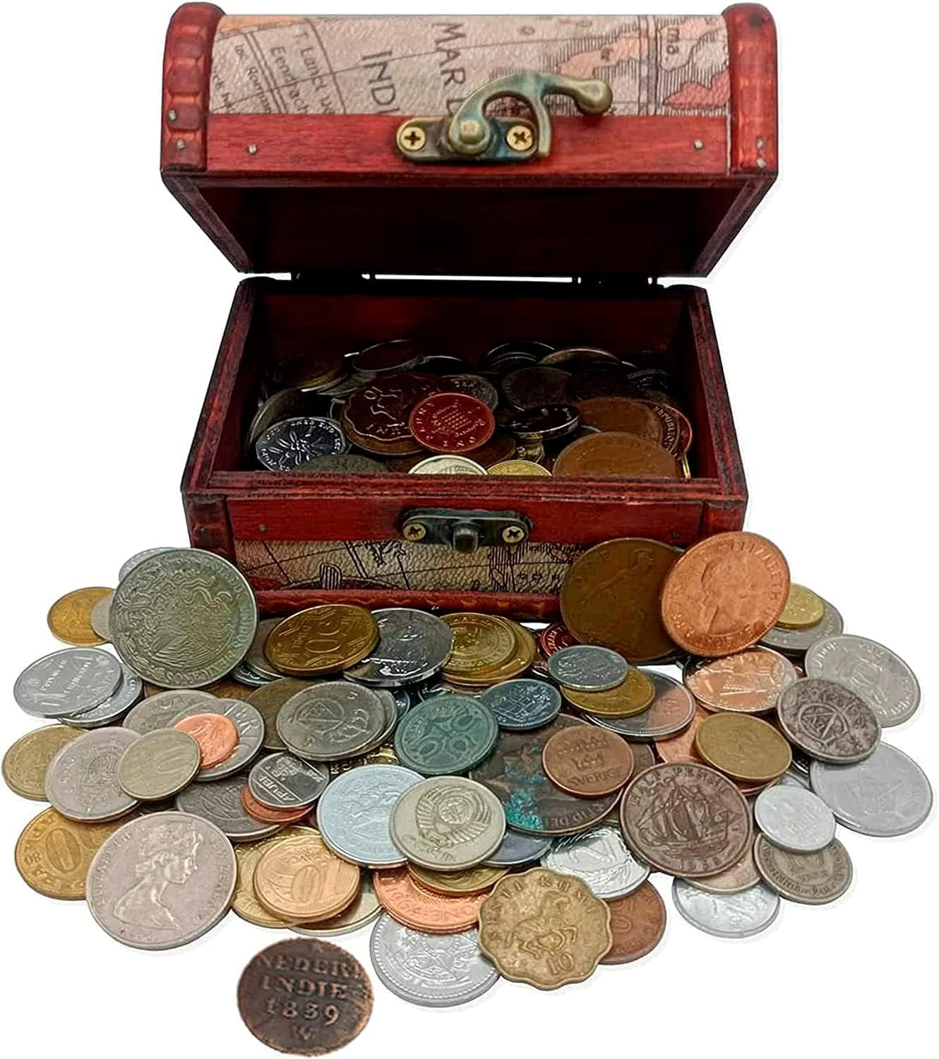 IMPACTO COLECCIONABLES Coin Collection - World Currency Treasure Chest with 2Lb. - Collectible Circulated Coins - 4.7 X 3.5 X 3.5 Decorative Wooden Box - Antique Coins for Collectors (COA Included)