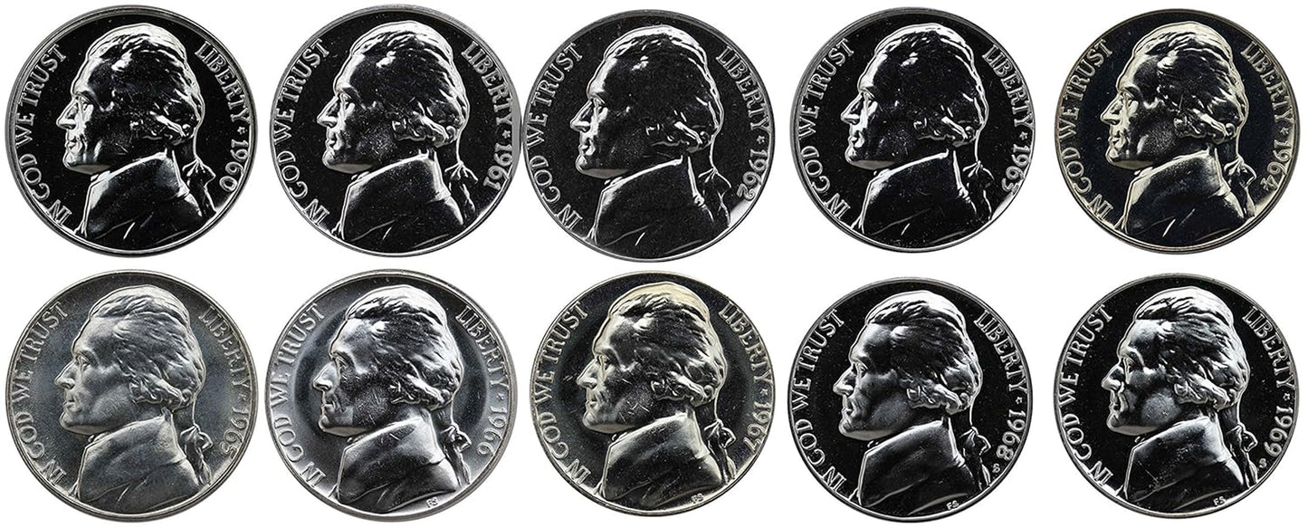 1960-1969 S Jefferson Nickel Gem Proof & SMS Run 10 Coins US Mint Decade Lot Complete 1960'S Set