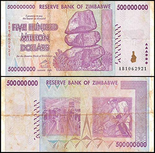 Billets historiques de 500 millions de dollars du Zimbabwe de 2008 : qualités diverses, lot de 10