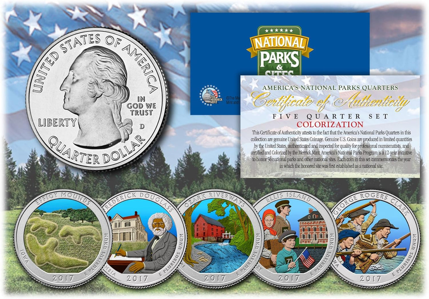 2017 America the Beautiful Colorized Quarters U.S. Parks 5-Coin Set W/Capsules