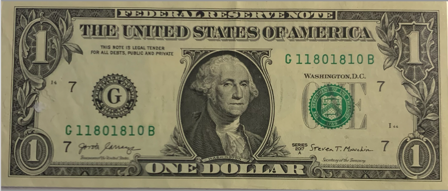 Rare 2017 $1 Federal Reserve Note - Special Serial Number G11801810B
