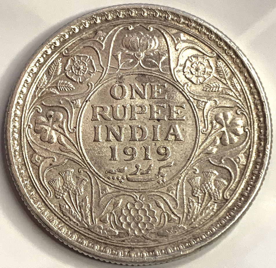 Rare 1919 British India 1 Rupee Coin – No Star Calcutta Mint, .917 Silver Historic Gem