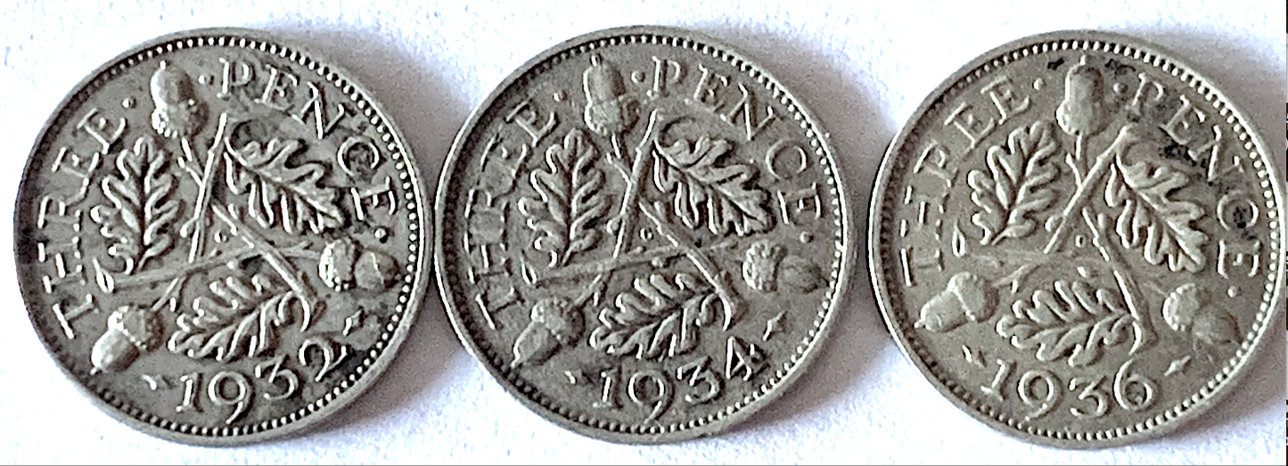 Best Seller: UK Silver Threepence Trio—1932, 1934 & 1936 (KM#831)