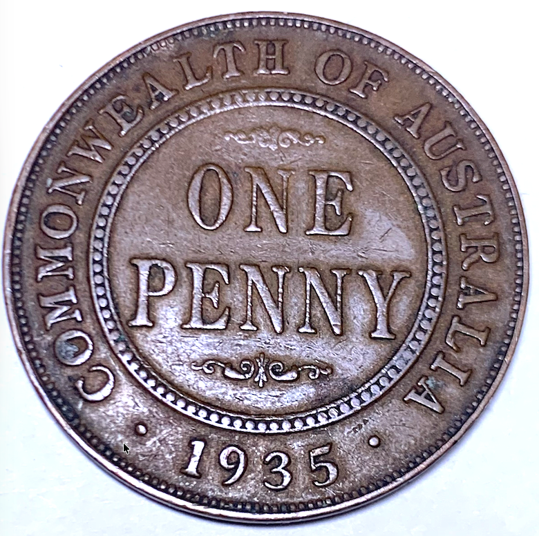 Australia 1935 1 Penny Bronze Coin — KM# 23, Melbourne Mint, 3.725M