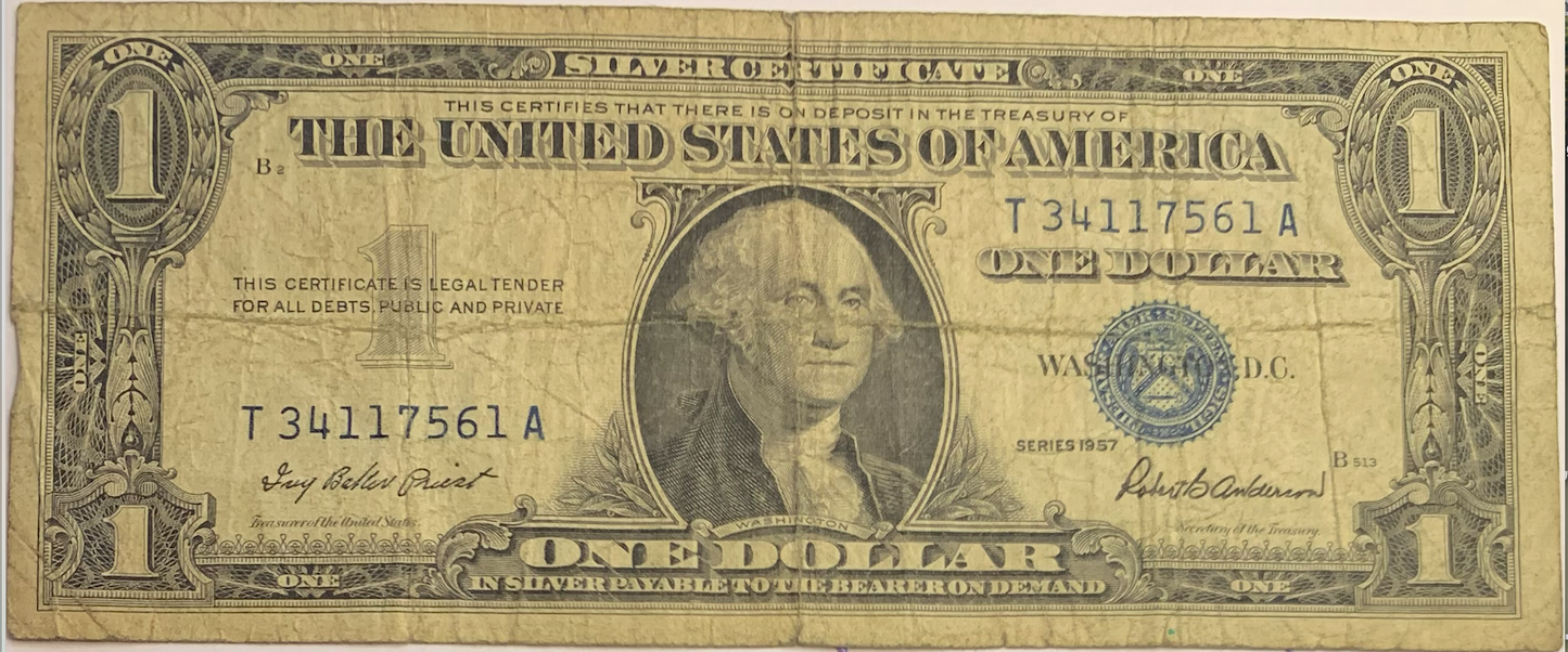 Historical Treasure: Vintage 1957 US 1 Dollar Silver Certificate Banknote"