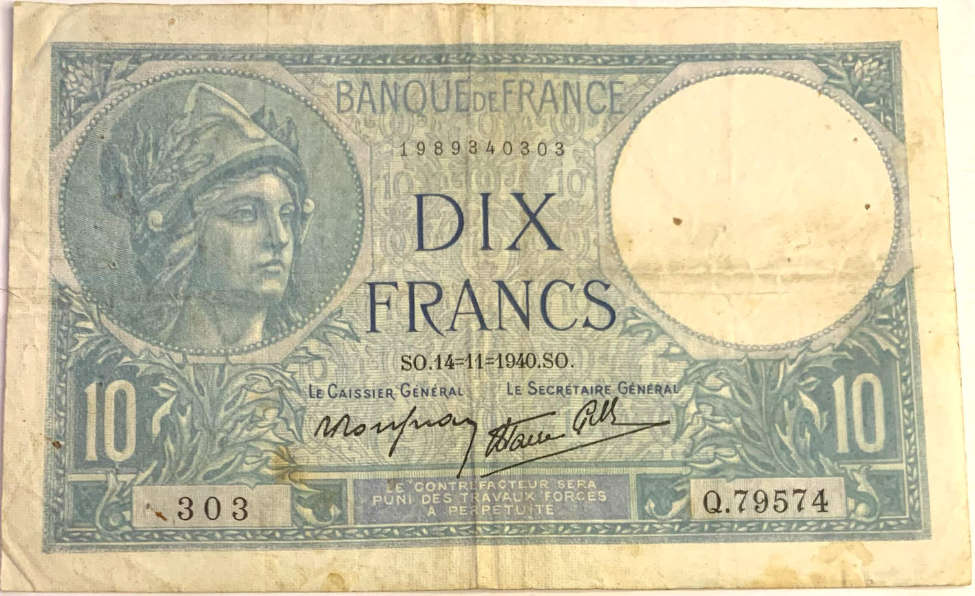 Rare 10 Francs Minerve Banknote (1939-1942) – France Third Republic Note