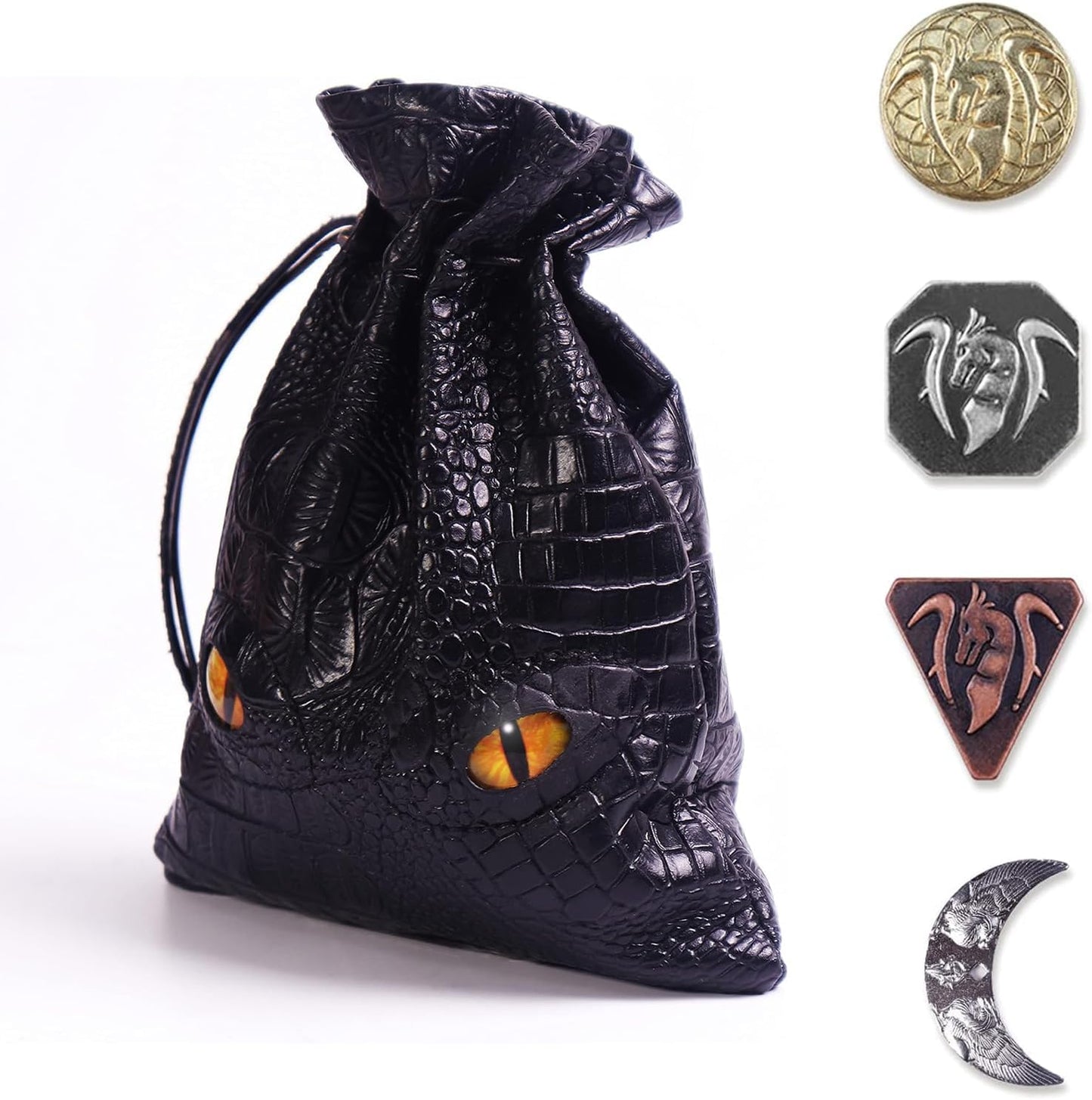 145PCS Metal DND Coins & Leather Bag, Contains 60 Gold Coins, 40 Sliver Coins, 40 Copper Coins and 5 Platinum Coins, Tokens with Glow in the Night Eyes Bag for RPG Tablelap Games