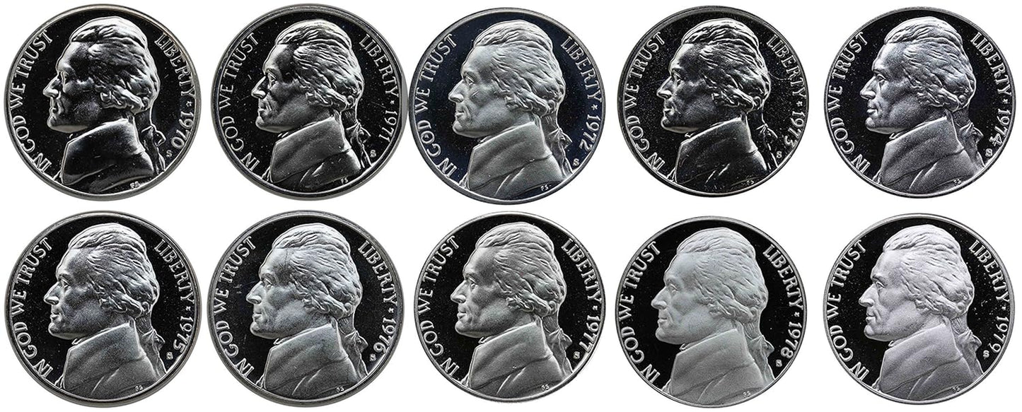 1970-1979 S Jefferson Nickel Gem Proof Run 10 Coins US Mint Decade Lot Complete 1970'S Set