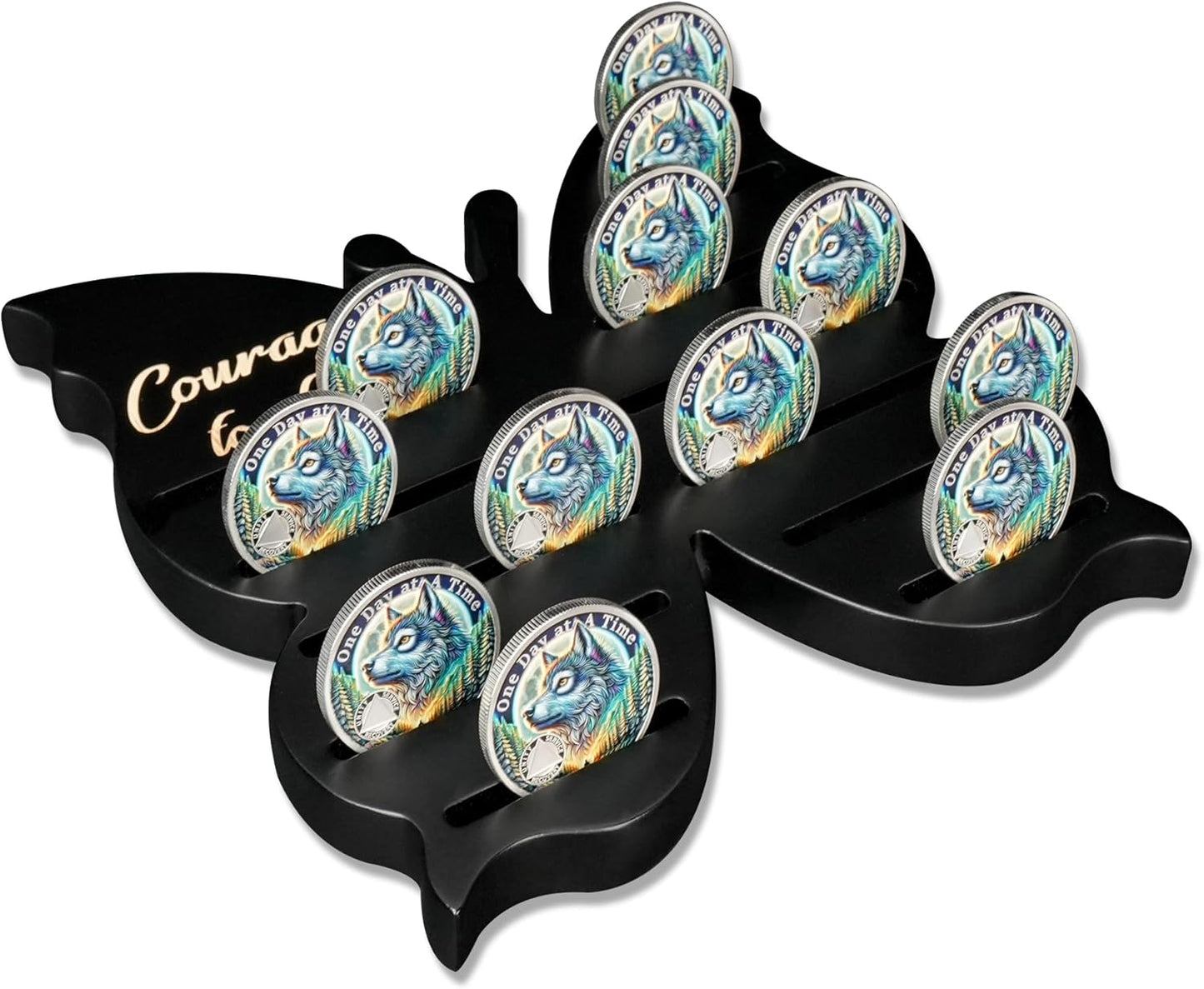 Recovery Butterfly Sobriety Coin Holder - Courage to Change AA Coin Display Case - Brown Solid Wood AA Chips and Medallions Rack Stand - 7 Row 20 Token Celebrate Milestone Alcoholics Anonymous Gifts
