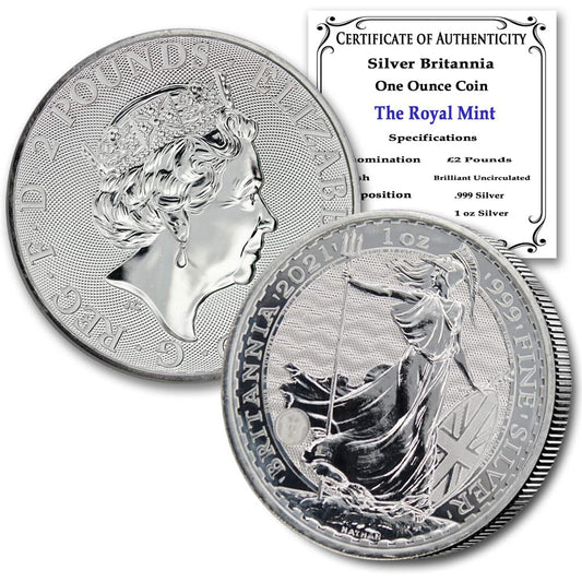 2021-1 Oz Silver Britannia Coin Brilliant Uncirculated with a Certificate of Authenticity £2 Seller BU