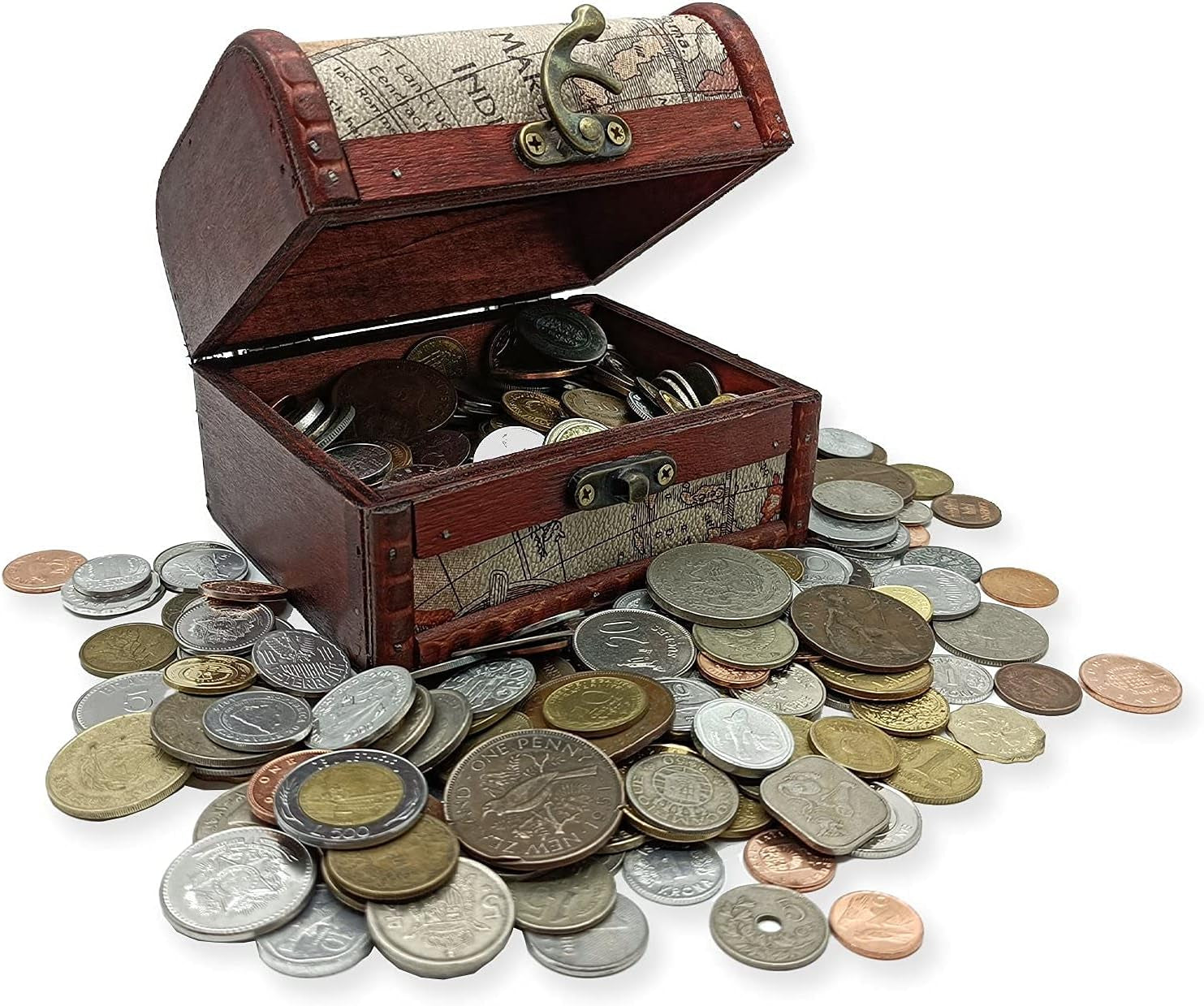 IMPACTO COLECCIONABLES Coin Collection - World Currency Treasure Chest with 2Lb. - Collectible Circulated Coins - 4.7 X 3.5 X 3.5 Decorative Wooden Box - Antique Coins for Collectors (COA Included)