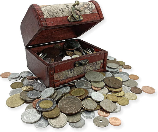 IMPACTO COLECCIONABLES Coin Collection - World Currency Treasure Chest with 2Lb. - Collectible Circulated Coins - 4.7 X 3.5 X 3.5 Decorative Wooden Box - Antique Coins for Collectors (COA Included)