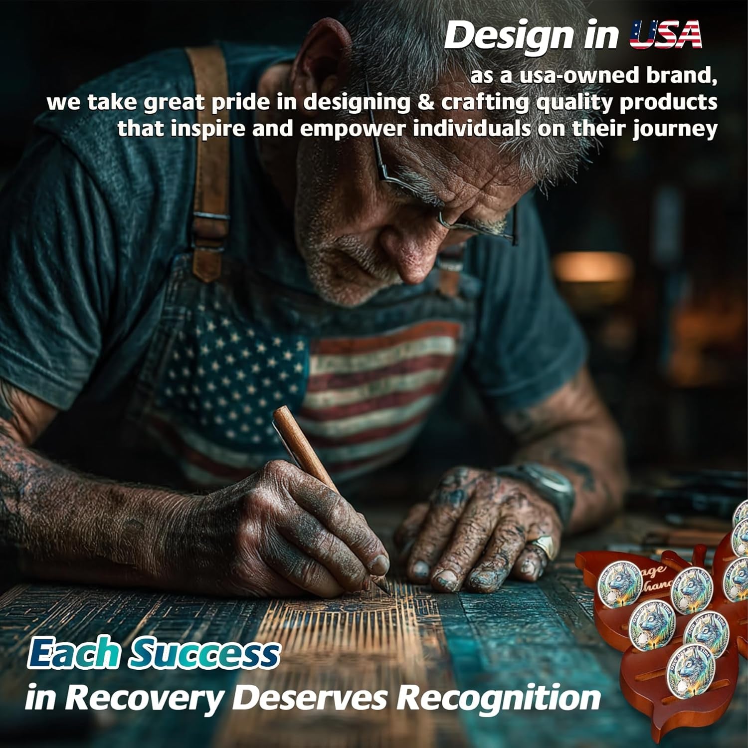 Recovery Butterfly Sobriety Coin Holder - Courage to Change AA Coin Display Case - Brown Solid Wood AA Chips and Medallions Rack Stand - 7 Row 20 Token Celebrate Milestone Alcoholics Anonymous Gifts