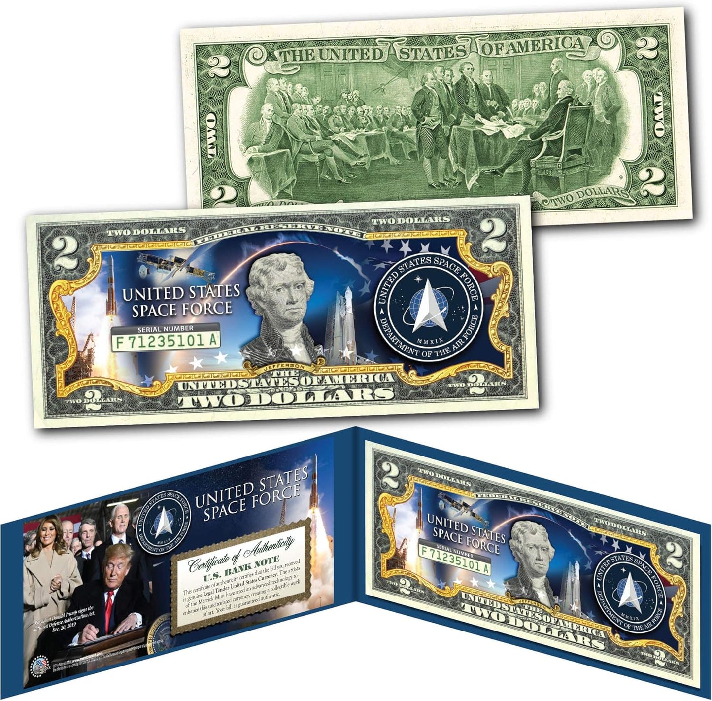United States Space Force USSF 6Th Military Branch Authentic Two-Dollar Collectible Bill with Certificate in Display Folio
