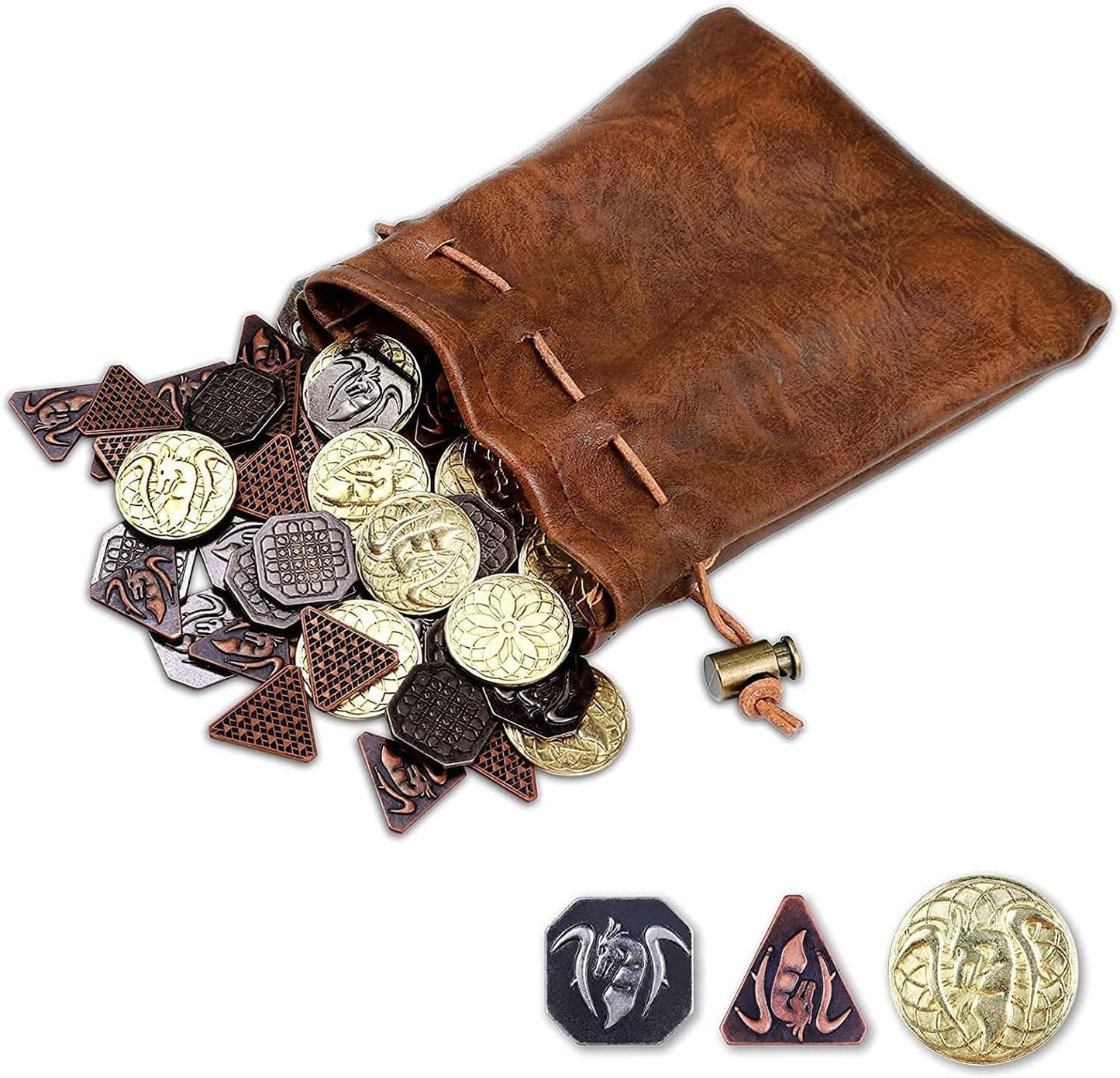 145PCS Metal DND Coins & Leather Bag, Contains 60 Gold Coins, 40 Sliver Coins, 40 Copper Coins and 5 Platinum Coins, Tokens with Glow in the Night Eyes Bag for RPG Tablelap Games