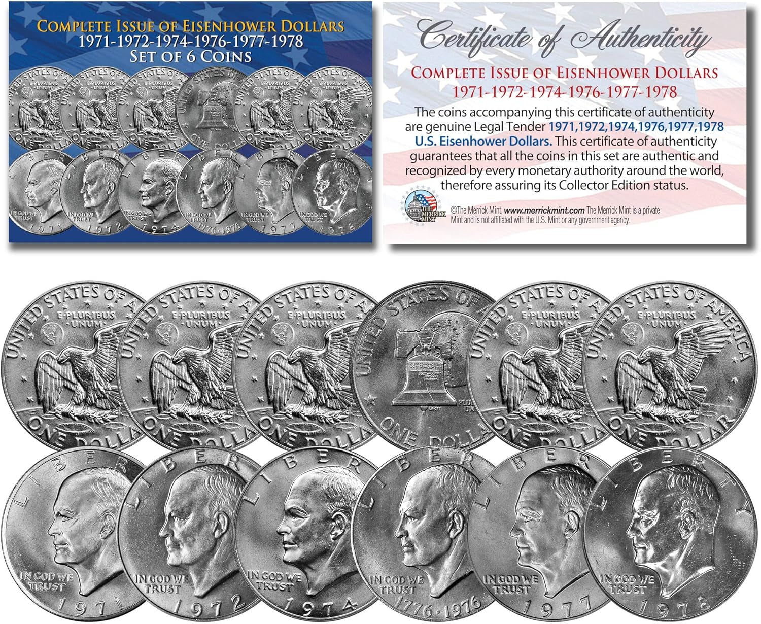 Eisenhower IKE Dollars 6-Coin Set Complete Set of All Years 1971-1978 with Capsules and Certificate