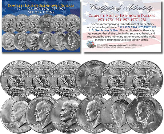 Eisenhower IKE Dollars 6-Coin Set Complete Set of All Years 1971-1978 with Capsules and Certificate