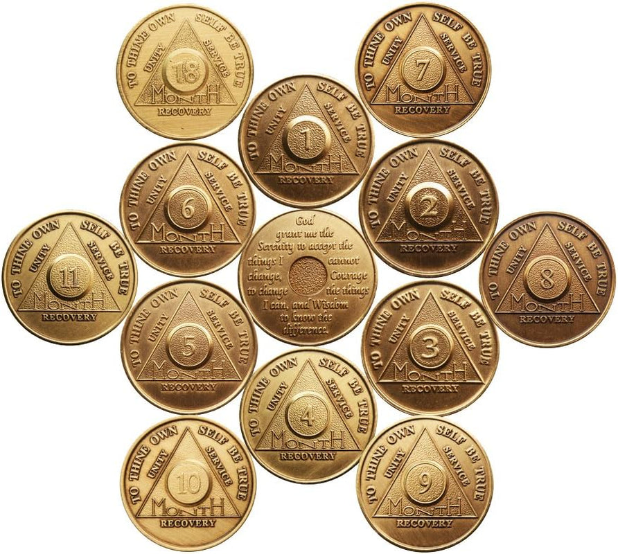 Complete Set of 12 Months - 1,2,3,4,5,6,7,8,9,10,11, and 18 Month Bronze AA Medallions Serenity Prayer Chips