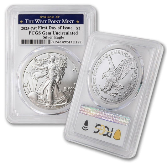 2025 (W) 1 Oz American Silver Eagle Coin Gem Uncirculated (First Day of Issue - Struck at the West Point Mint) $1 PCGS GEMUNC
