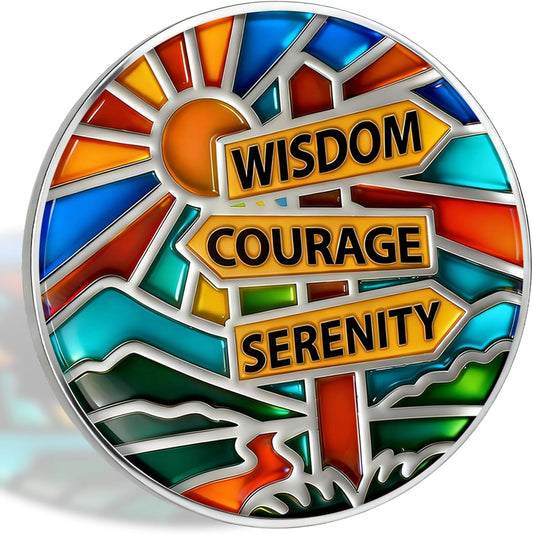 Stained Glass Sobriety Coin | Sober Signpost AA Medallion - Celebrating Alcohol-Free Living and Addiction Recovery - Non Religious Sobriety Gift for Men and Women