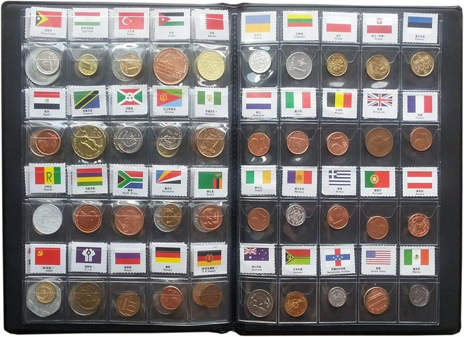 Coin Collection Starter Kit 60 Countries Coins/100% Original Genuine/World Coin with Leather Collecting Album Taged by Country Name and Flags/Coin Holder Collection Storage Classic Gifts