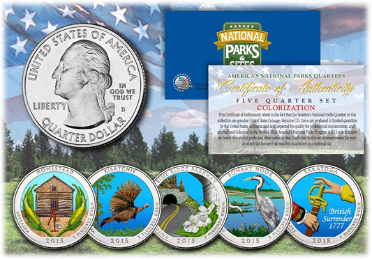 2015 America the Beautiful Colorized Quarters U.S. Parks 5-Coin Set W/Capsules