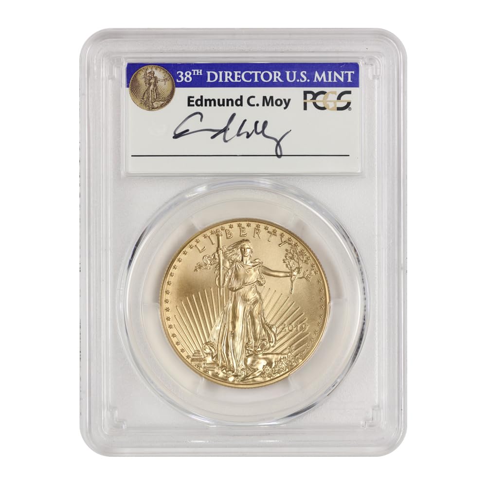 Pièce de 1 oz American Gold Eagle 2019, première frappe, étiquette Moy, qualité MS-70, certifiée PCGS, valeur 50 $.