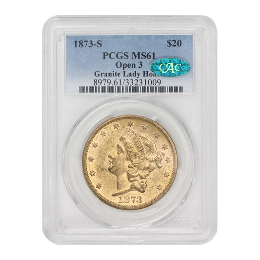 1873-S $20 Gold Liberty (Open 3) – PCGS MS61 CAC Certified