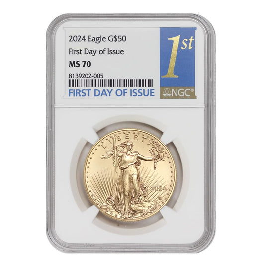Pièce de 1 oz American Gold Eagle 2024, premier jour d'émission, qualité MS-70, certifiée NGC, valeur 50 $.