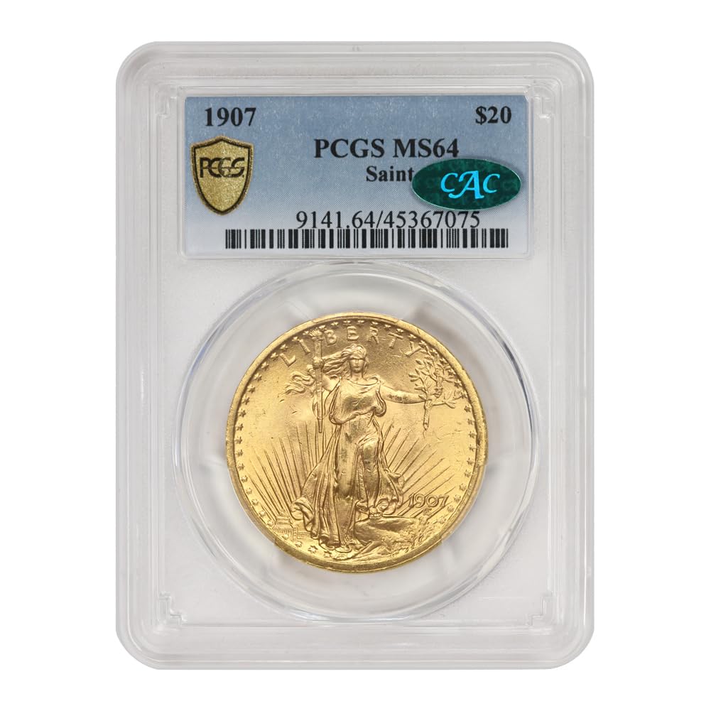 Moneda de oro estadounidense Saint Gaudens de 1907, doble águila MS-64, 20 dólares, MS64, PCGS/CAC