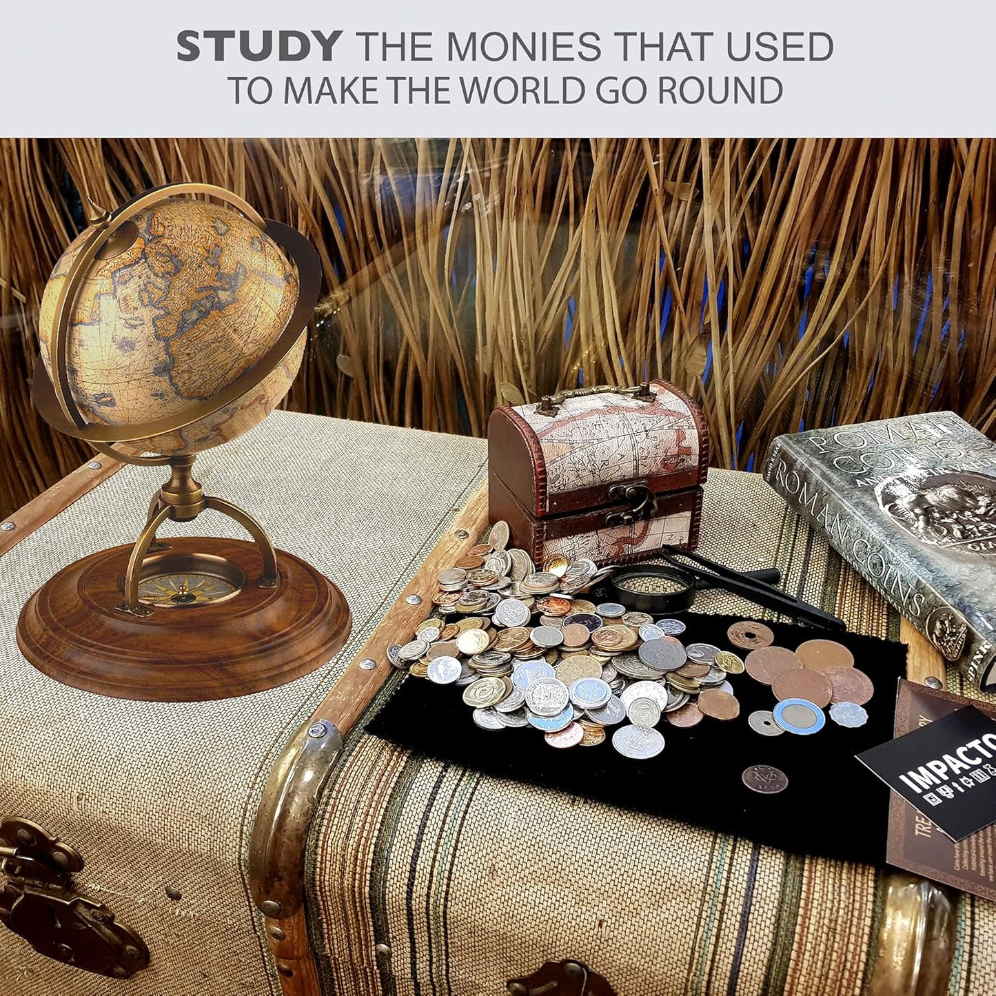 IMPACTO COLECCIONABLES Coin Collection - World Currency Treasure Chest with 2Lb. - Collectible Circulated Coins - 4.7 X 3.5 X 3.5 Decorative Wooden Box - Antique Coins for Collectors (COA Included)