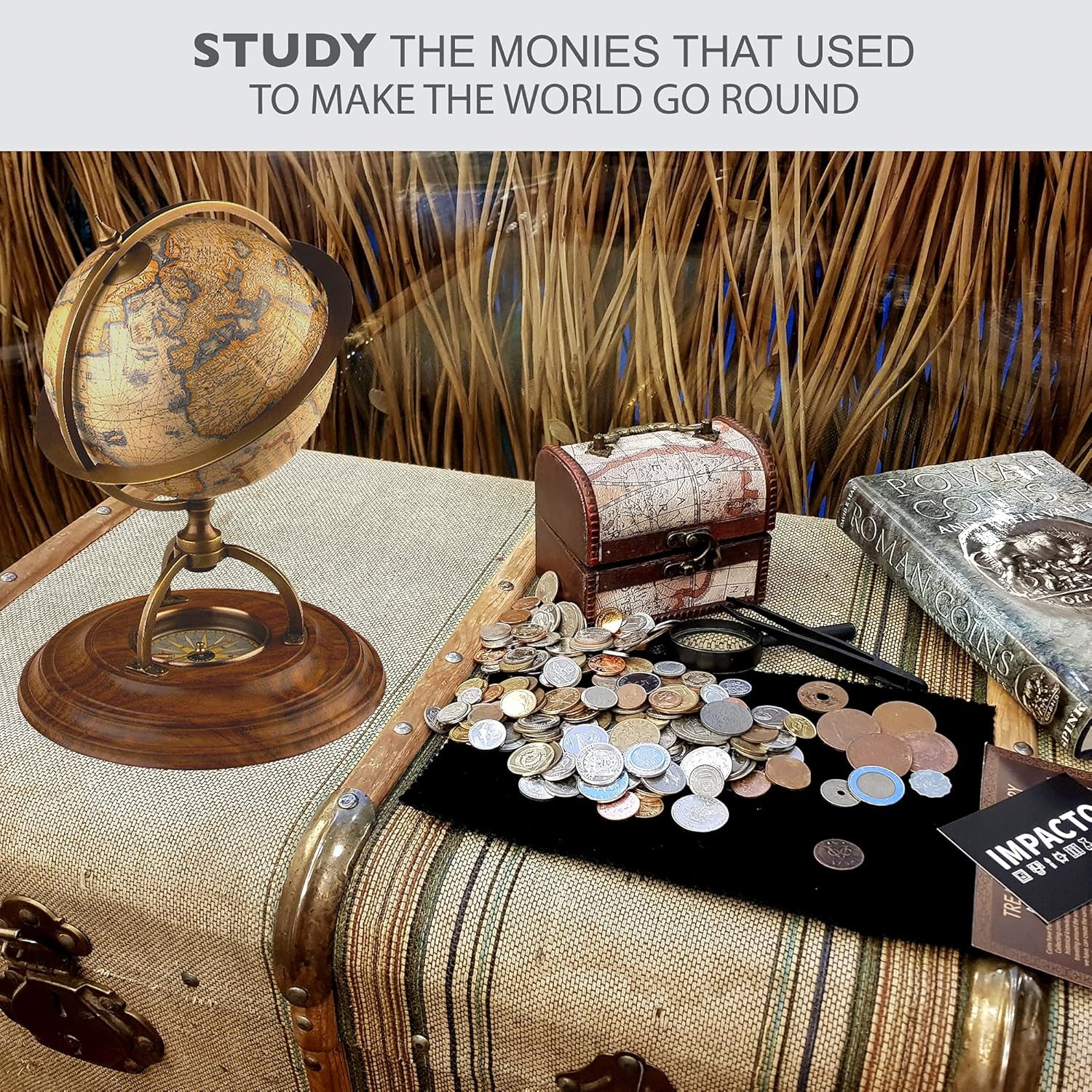 IMPACTO COLECCIONABLES Coin Collection - World Currency Treasure Chest with 2Lb. - Collectible Circulated Coins - 4.7 X 3.5 X 3.5 Decorative Wooden Box - Antique Coins for Collectors (COA Included)