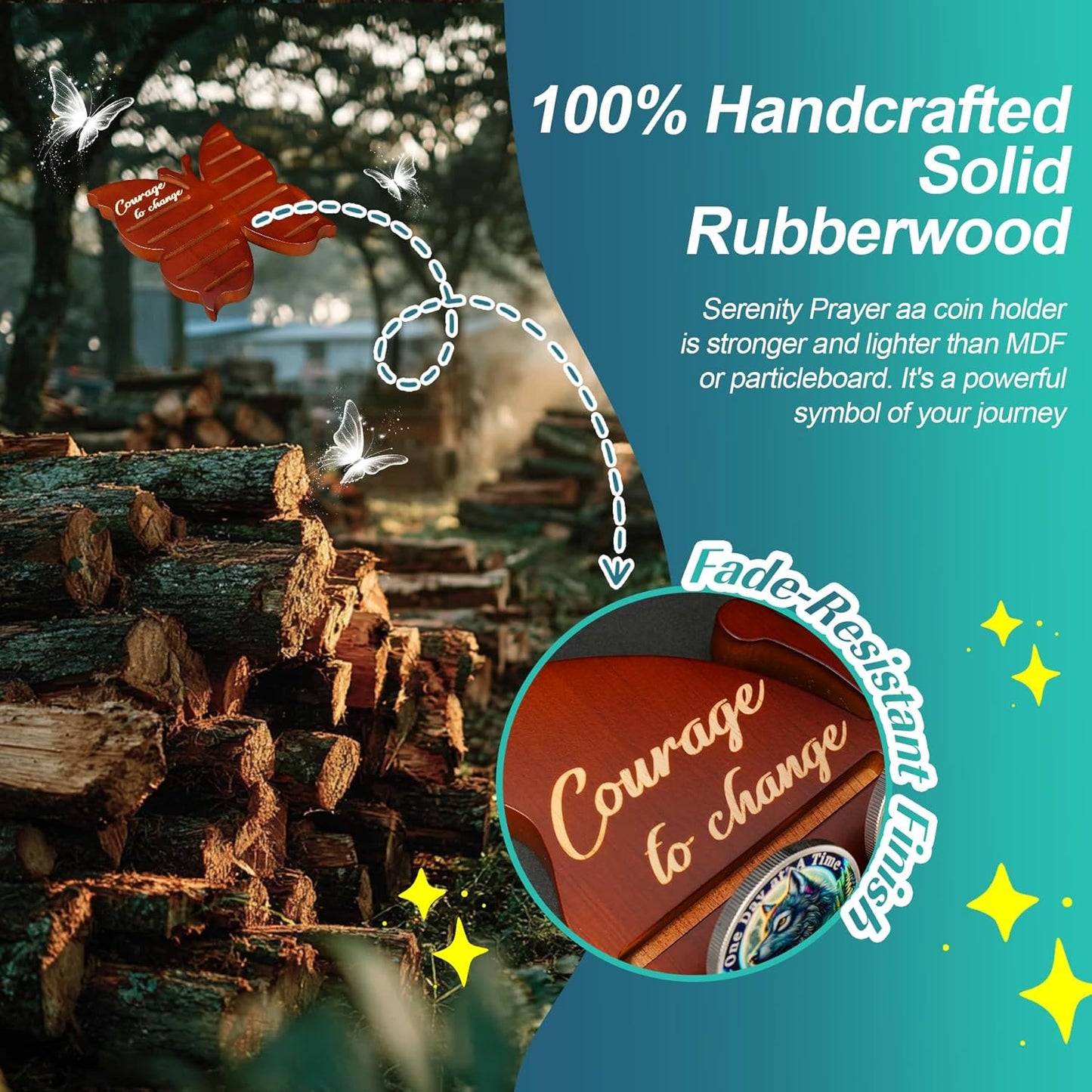 Recovery Butterfly Sobriety Coin Holder - Courage to Change AA Coin Display Case - Brown Solid Wood AA Chips and Medallions Rack Stand - 7 Row 20 Token Celebrate Milestone Alcoholics Anonymous Gifts