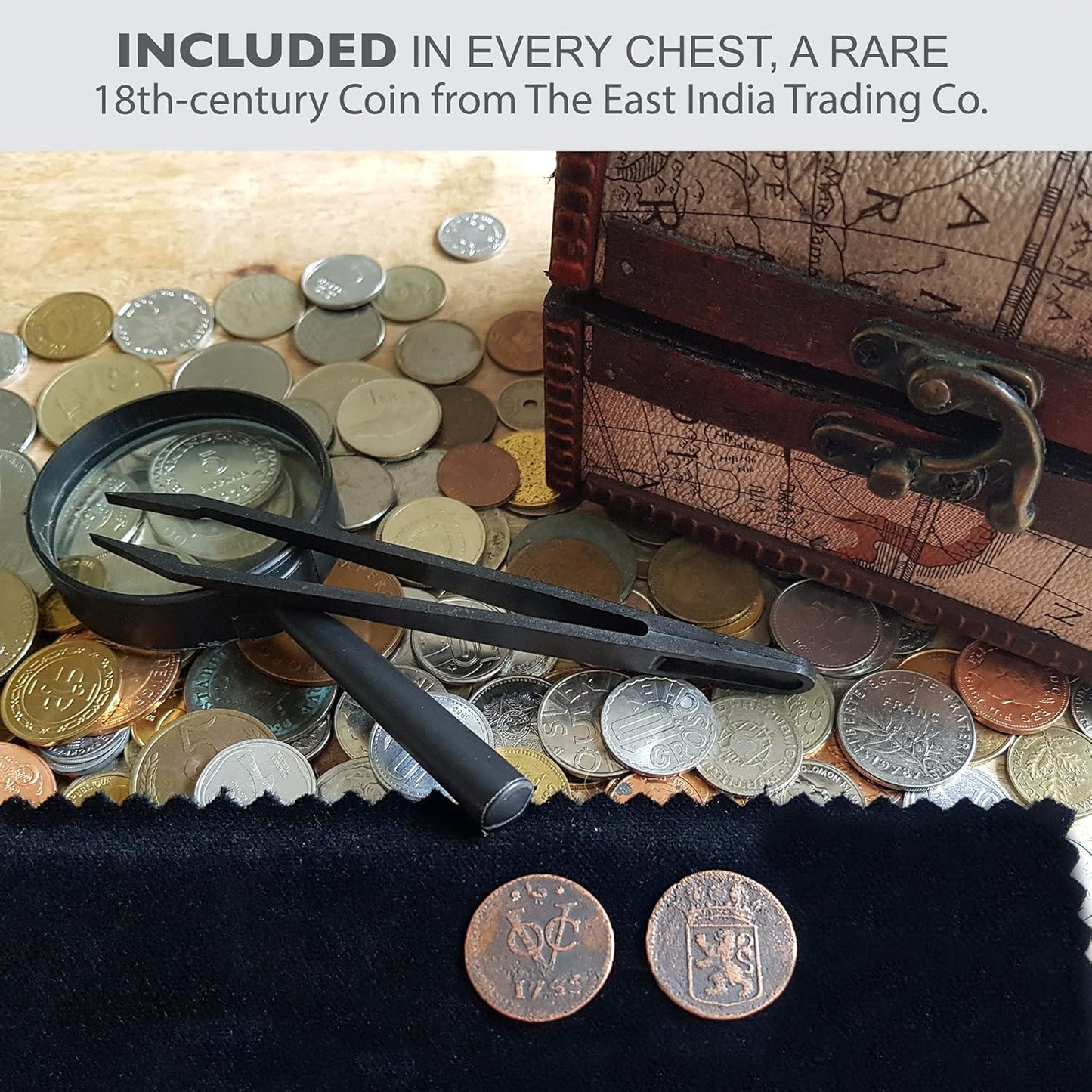 IMPACTO COLECCIONABLES Coin Collection - World Currency Treasure Chest with 2Lb. - Collectible Circulated Coins - 4.7 X 3.5 X 3.5 Decorative Wooden Box - Antique Coins for Collectors (COA Included)