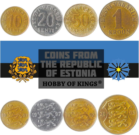 4 Coins from Estonia | Estonian Coin Set Collection 10 20 50 Senti 1 Kroon | Circulated 1997-2008 | Lions