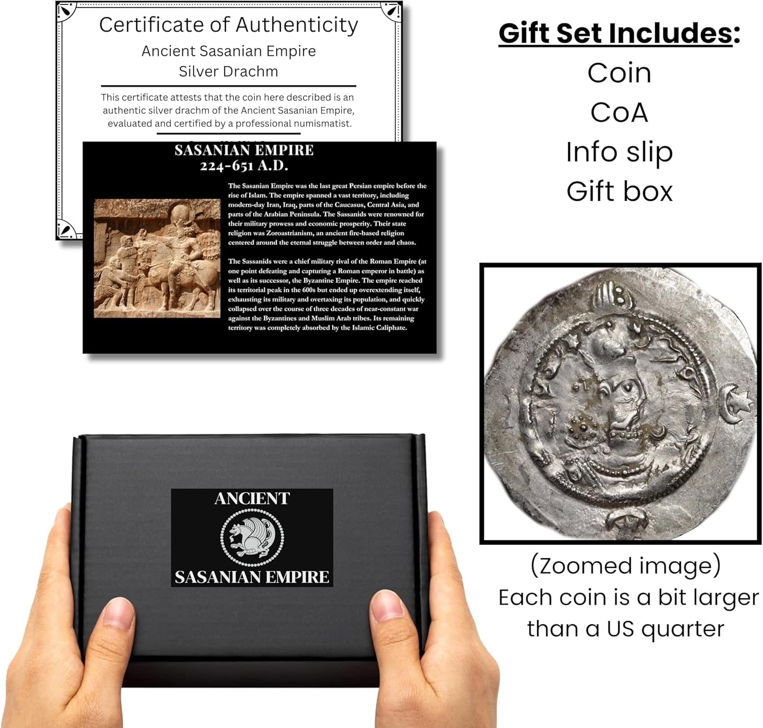 Ancient Sassanid Empire Large Silver Drachm Coin Gift Set (600 AD) with Certificate of Authenticity | Genuine Sasanian Historical Artifact