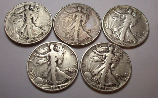 Set of 5 Walking Liberty Half Dollars - Various Dates F/VF 90% Silver