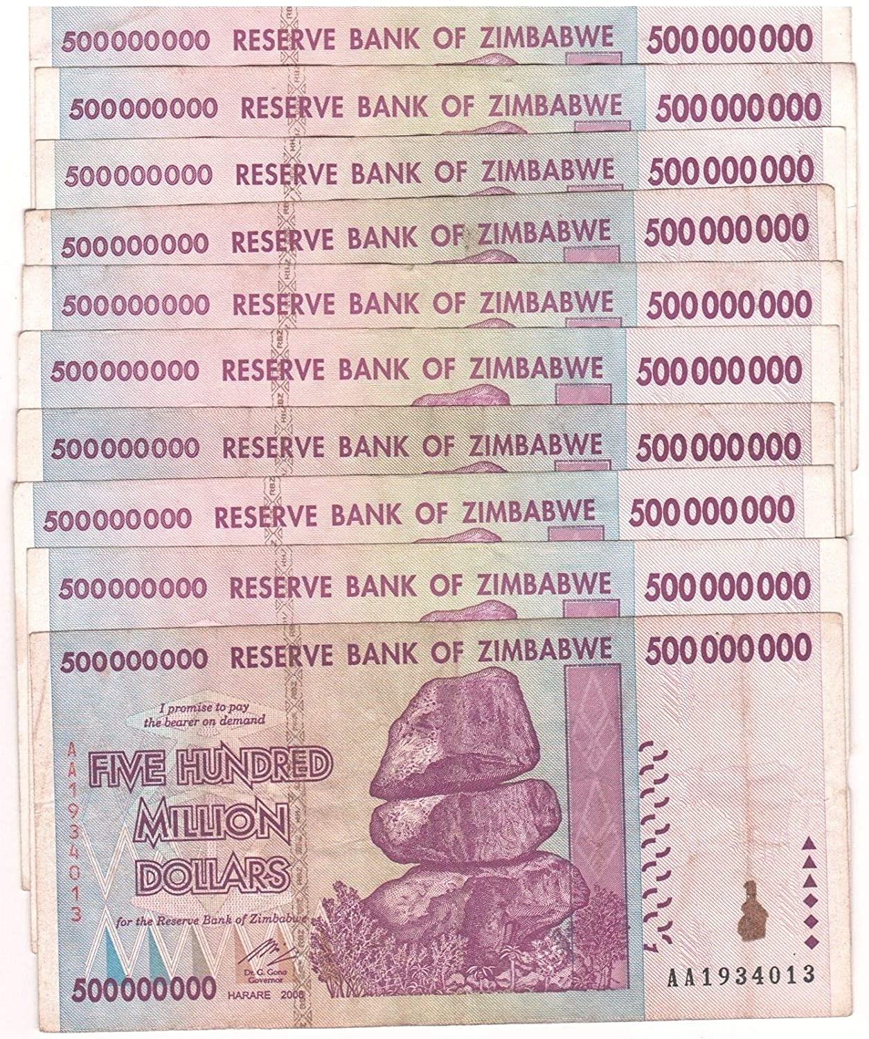 Billets historiques de 500 millions de dollars du Zimbabwe de 2008 : qualités diverses, lot de 10