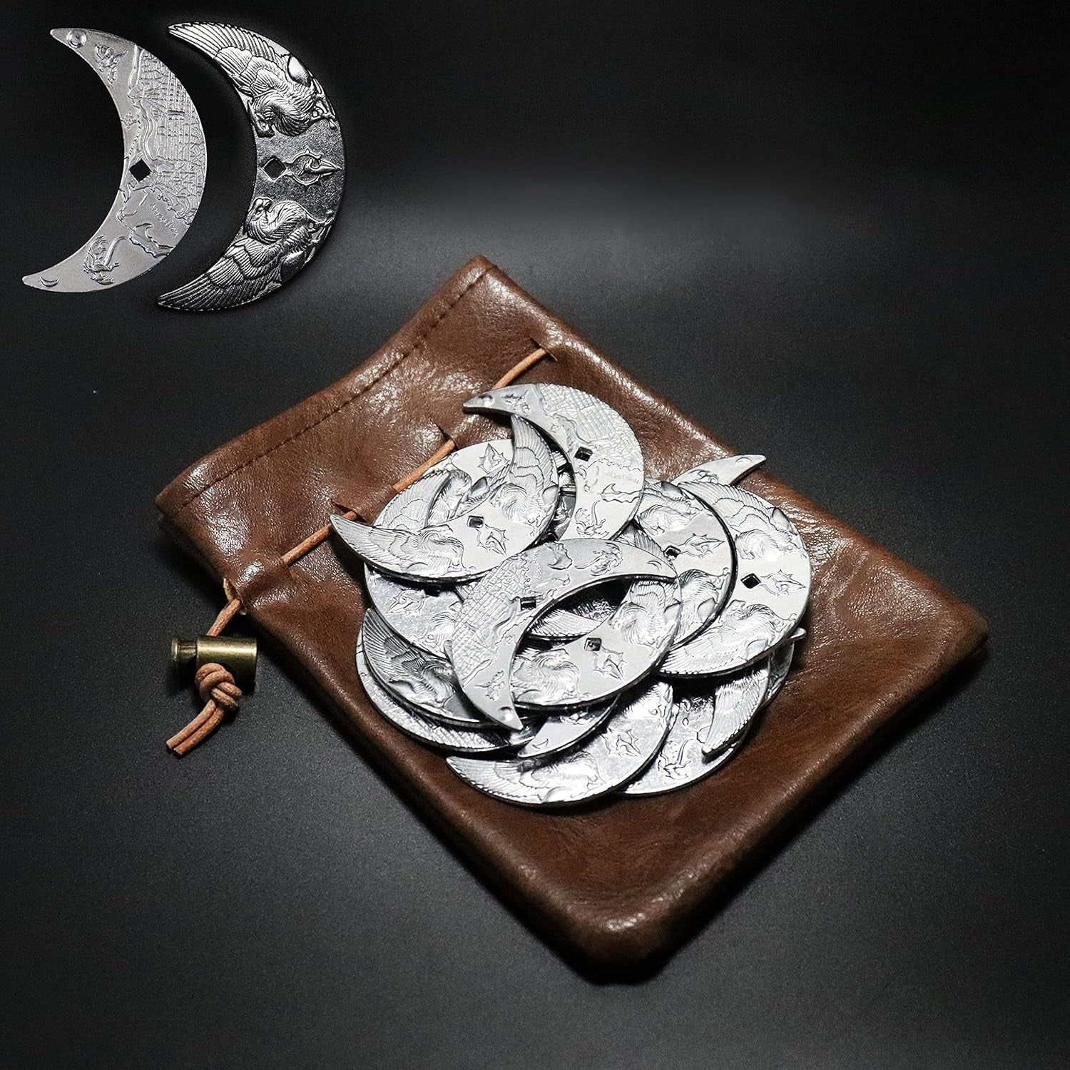 145PCS Metal DND Coins & Leather Bag, Contains 60 Gold Coins, 40 Sliver Coins, 40 Copper Coins and 5 Platinum Coins, Tokens with Glow in the Night Eyes Bag for RPG Tablelap Games