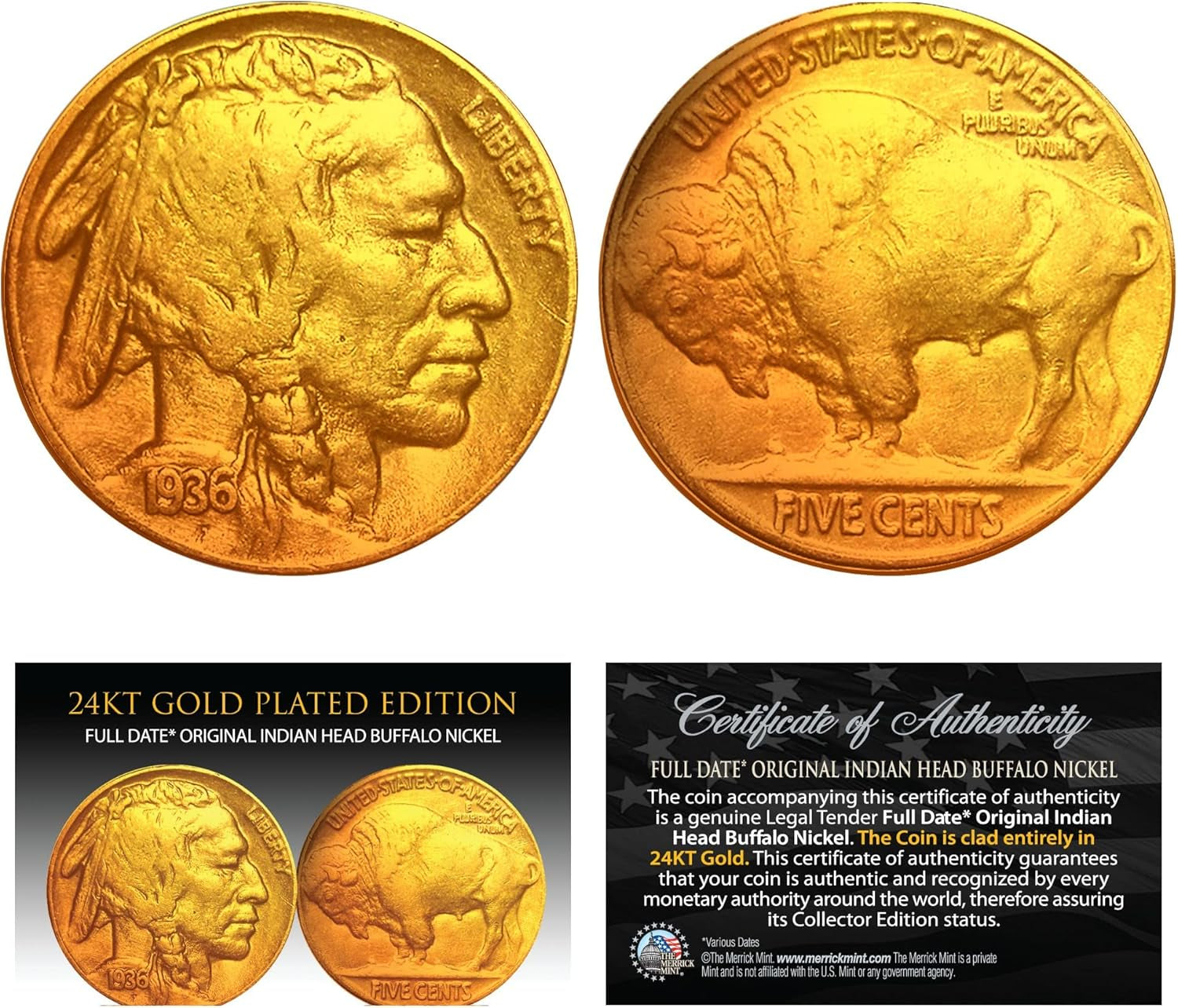 Then & Now Buffalo 5-Cent 24K Gold Plated 2-Coin Set - 1930S & 2005 Nickels BOGO