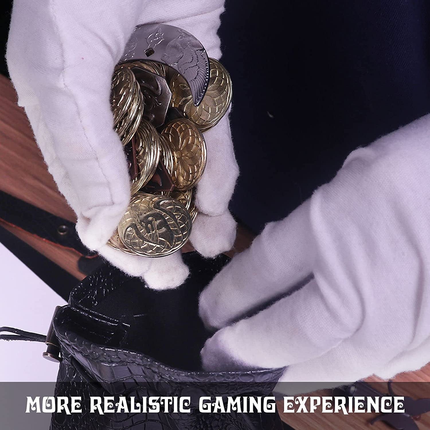 145PCS Metal DND Coins & Leather Bag, Contains 60 Gold Coins, 40 Sliver Coins, 40 Copper Coins and 5 Platinum Coins, Tokens with Glow in the Night Eyes Bag for RPG Tablelap Games