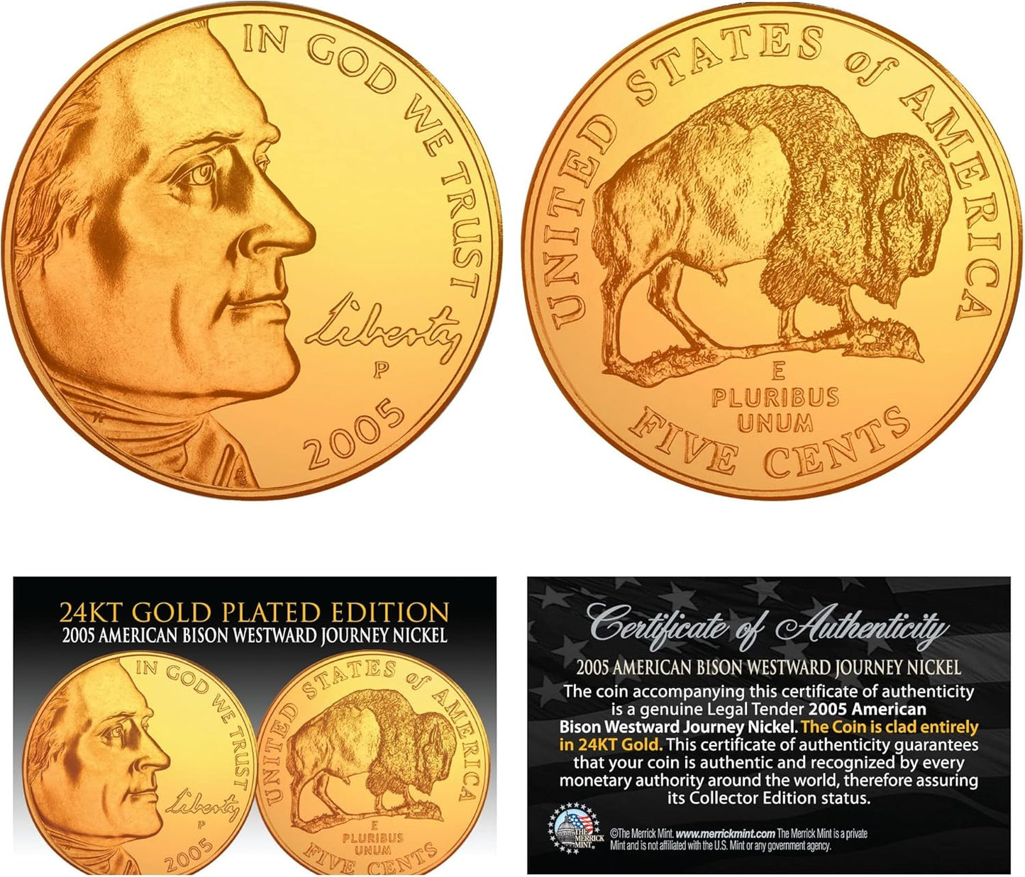 Then & Now Buffalo 5-Cent 24K Gold Plated 2-Coin Set - 1930S & 2005 Nickels BOGO