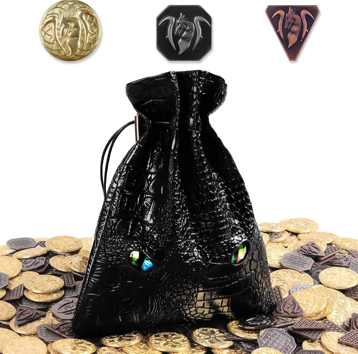 145PCS Metal DND Coins & Leather Bag, Contains 60 Gold Coins, 40 Sliver Coins, 40 Copper Coins and 5 Platinum Coins, Tokens with Glow in the Night Eyes Bag for RPG Tablelap Games