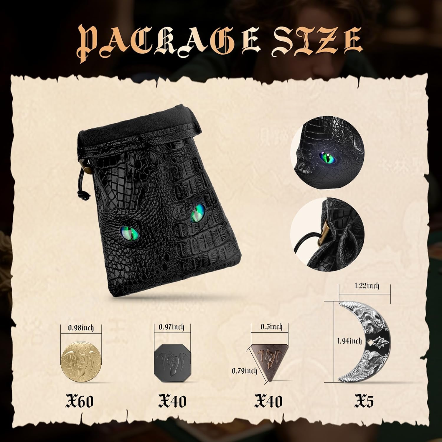 145PCS Metal DND Coins & Leather Bag, Contains 60 Gold Coins, 40 Sliver Coins, 40 Copper Coins and 5 Platinum Coins, Tokens with Glow in the Night Eyes Bag for RPG Tablelap Games