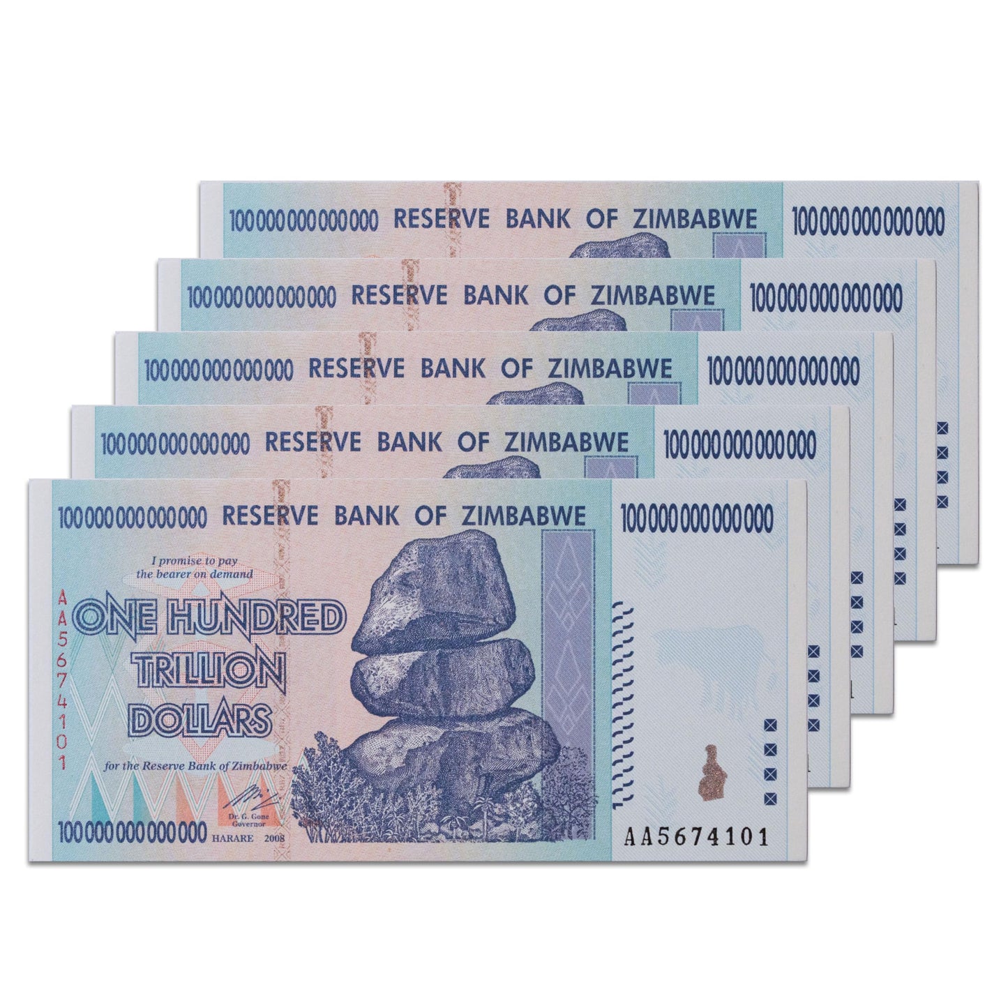 Billets de banque exclusifs du Zimbabwe de 100 billions de dollars : 5 exemplaires neufs de 2008