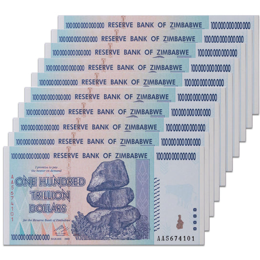 Rare 10-Piece Zimbabwe 100 Trillion Dollar Banknote Set: Uncirculated 2008-AA”