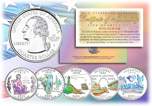 2003 US Statehood Quarters HOLOGRAM 5-Coin Complete Set W/Capsules & COA