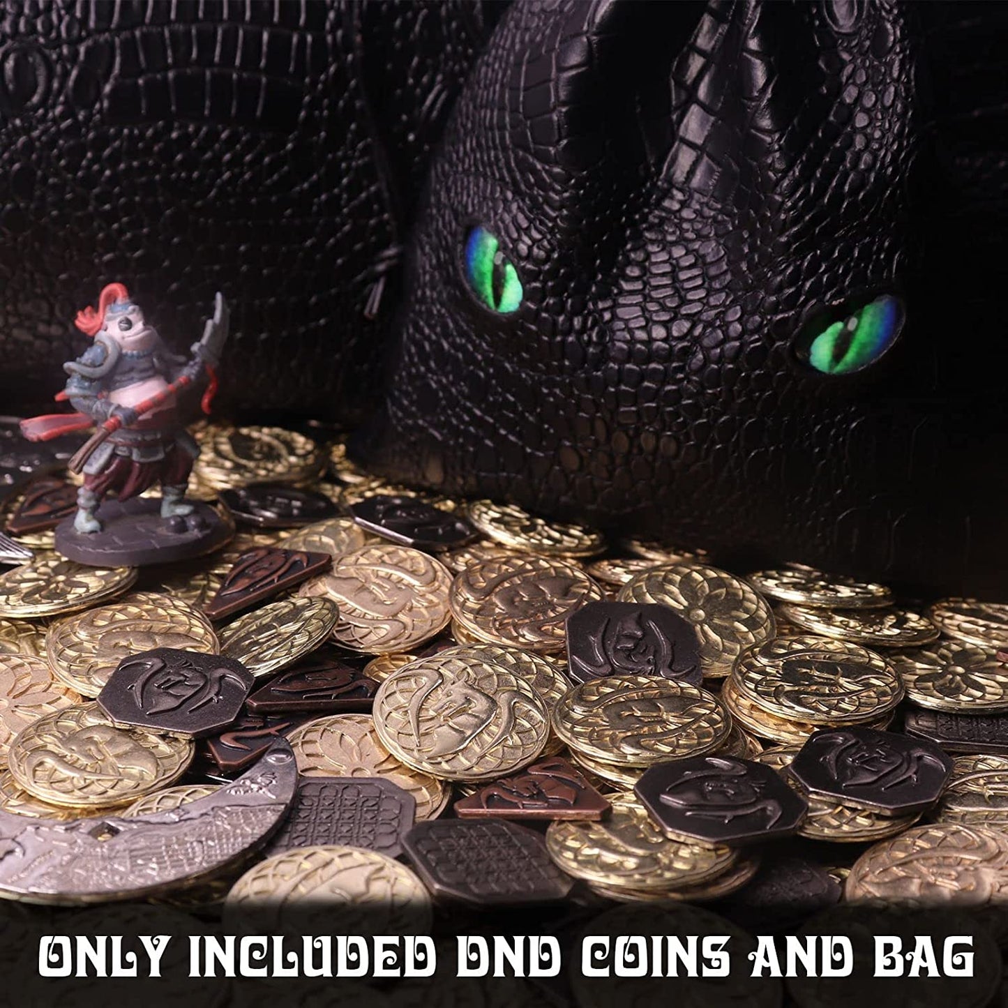 145PCS Metal DND Coins & Leather Bag, Contains 60 Gold Coins, 40 Sliver Coins, 40 Copper Coins and 5 Platinum Coins, Tokens with Glow in the Night Eyes Bag for RPG Tablelap Games