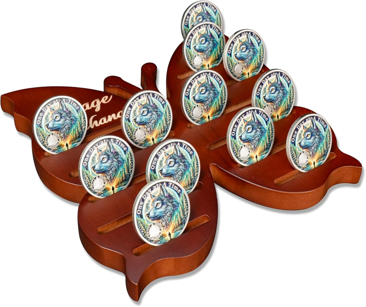 Recovery Butterfly Sobriety Coin Holder - Courage to Change AA Coin Display Case - Brown Solid Wood AA Chips and Medallions Rack Stand - 7 Row 20 Token Celebrate Milestone Alcoholics Anonymous Gifts