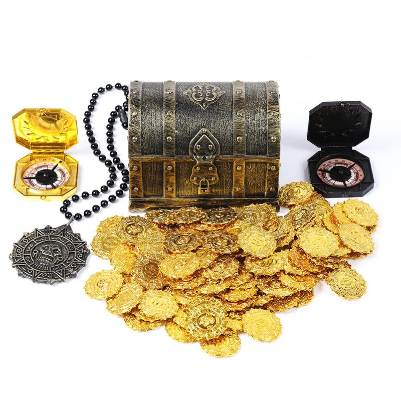 Cofre del tesoro pirata de plástico con monedas de oro para fiesta de piratas, cofre del tesoro para niños, cofre del tesoro con monedas de oro, juguete